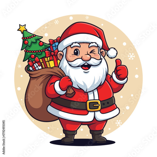 Cute cartoon Santa Claus holding a gift bag and giving a thumbs-up, surrounded by snowflakes. Perfect for Christmas cards, holiday banners, festive designs, and winter illustrations.