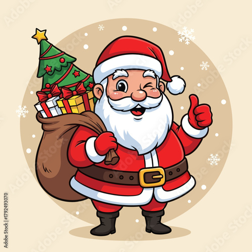 Cute cartoon Santa Claus holding a gift bag and giving a thumbs-up, surrounded by snowflakes. Perfect for Christmas cards, holiday banners, festive designs, and winter illustrations.