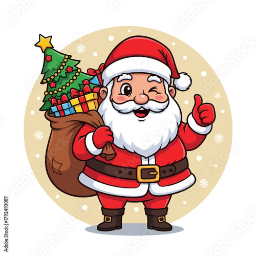 Cute cartoon Santa Claus holding a gift bag and giving a thumbs-up, surrounded by snowflakes. Perfect for Christmas cards, holiday banners, festive designs, and winter illustrations.