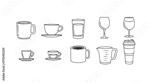 Collection of various drinkware and beverage containers in a simple line art silhouette style