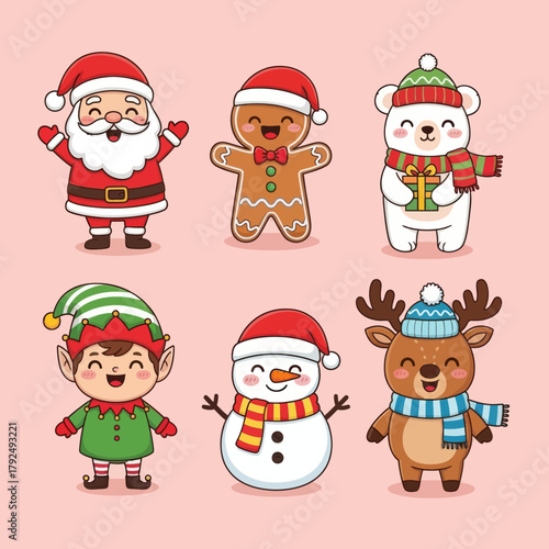 Wallpaper Mural Cute Christmas character set featuring Santa, gingerbread man, polar bear, snowman, elf, and reindeer in festive outfits. Perfect for holiday cards, stickers, decorations, and winter designs. Torontodigital.ca