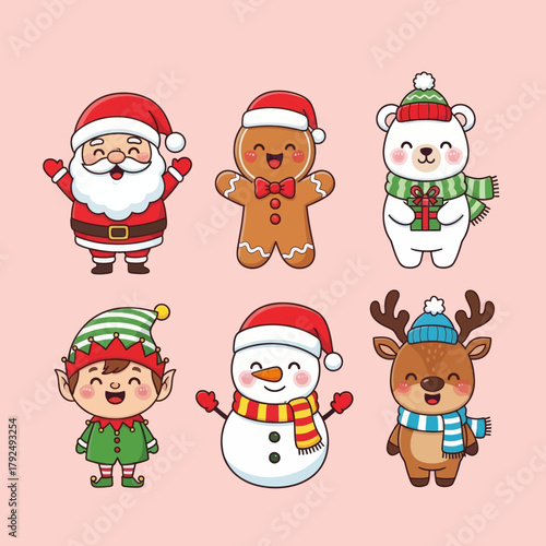 Cute Christmas character set featuring Santa, gingerbread man, polar bear, snowman, elf, and reindeer in festive outfits. Perfect for holiday cards, stickers, decorations, and winter designs.