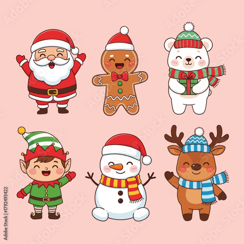 Wallpaper Mural Cute Christmas character set featuring Santa, gingerbread man, polar bear, snowman, elf, and reindeer in festive outfits. Perfect for holiday cards, stickers, decorations, and winter designs. Torontodigital.ca