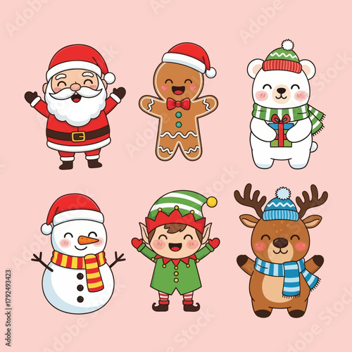 Wallpaper Mural Cute Christmas character set featuring Santa, gingerbread man, polar bear, snowman, elf, and reindeer in festive outfits. Perfect for holiday cards, stickers, decorations, and winter designs. Torontodigital.ca