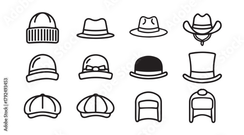 Collection of diverse hat silhouettes in a simple doodle art style silhouette
