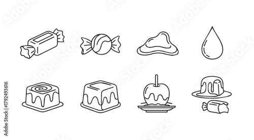 Collection of sweet dessert and candy illustrations in a simple line art silhouette style