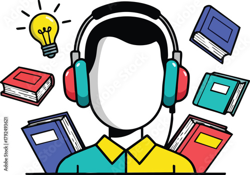 Person Wearing Headphones Surrounded by Books and a Lightbulb Symbolizing Knowledge and Learning