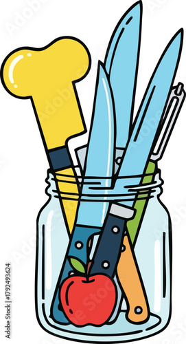 Culinary Tools Including Knives A Yellow Chef Hat And Red Apple In A Glass Jar