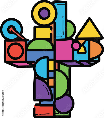 Abstract Geometric Cactus Shape With Colorful Blocks And Circles Isolated On White