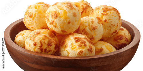 Wooden bowl full of appetizing brazilian Pão de Queijo cheese bread snack