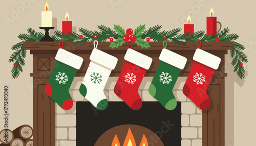 Christmas stockings hanging on fireplace mantel decorated with garland  