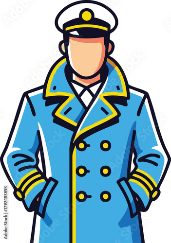 Pixel Art Captain Wearing Blue Double Breasted Coat With Yellow Accents And White Hat
