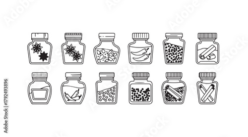 Collection of small glass bottles filled with various herbs and spices silhouette