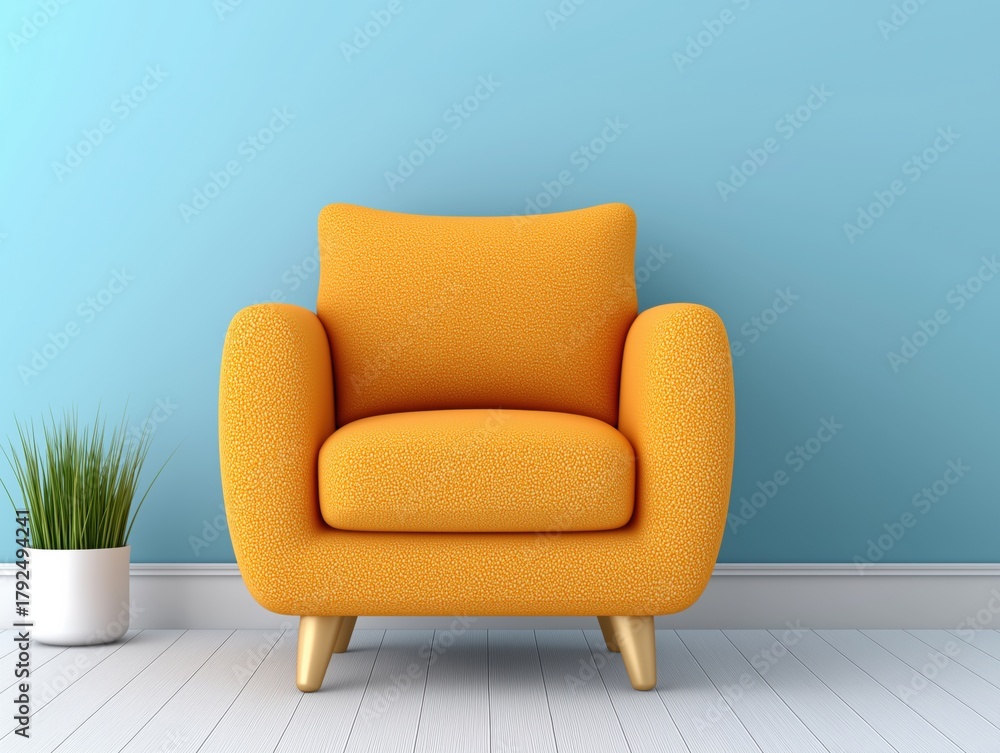Fototapeta premium Bright orange armchair with textured upholstery, positioned against a soft blue wall, accompanied by a small potted plant, creating a cozy and inviting living space atmosphere