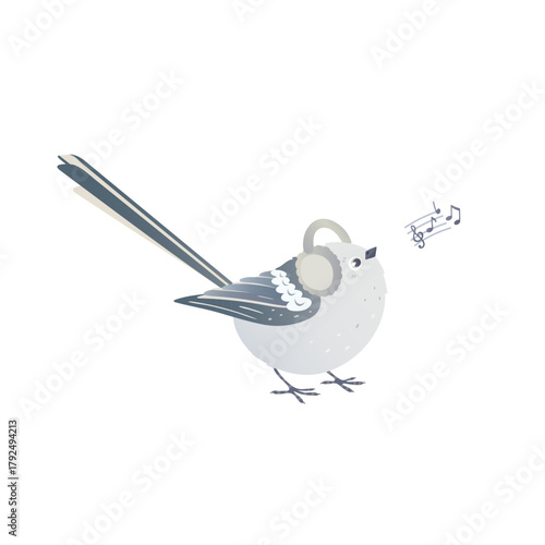 Long-tailed tit in earmuffs. Cute little bird singing winter songs. Bird character illustration for cozy winter ideas. Perfect for greeting cards, winter decor, children’s books, and holiday designs.