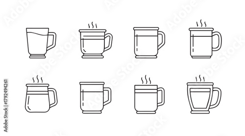 Collection of eight steaming hot beverage mugs in a clean line art silhouette style
