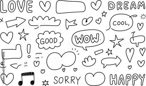 Hand drawn doodle set with words, speech bubbles, hearts, arrows, and stars vector illustration