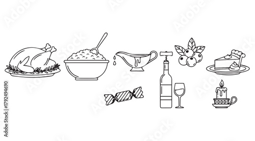 Hand drawn silhouette illustrations of a thanksgiving dinner feast and festive elements