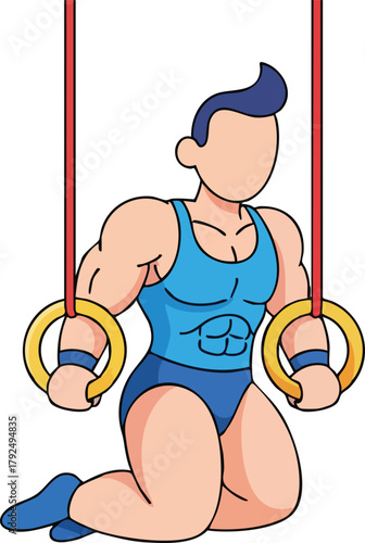 Muscular Gymnast Performing Strength Exercise On Gymnastic Rings In A Blue Leotard