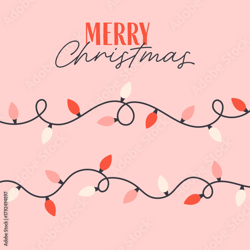 Cute simple Christmas greeting card with garland lights. Festive colorful holiday decoration. Perfect for cards, invitations, posters, home decor, and seasonal design. Flat vector illustration
