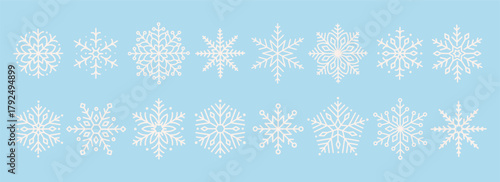 Cute minimalistic snowflakes collection. Festive winter holiday decorations for Christmas and New Year. Flat vector illustration
