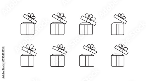 Collection of eight hand drawn open gift boxes with bows silhouette