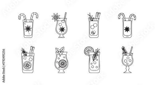 Collection of eight hand drawn cocktail drinks in silhouette style