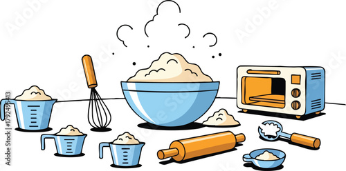 Baking Scene With Flour Bowl Rolling Pin Whisk Measuring Cups and Oven Illustration