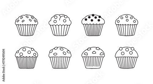 Eight hand drawn outline muffins or cupcakes in a silhouette style