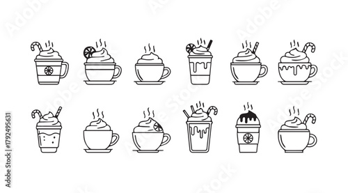 Collection of hand drawn coffee drinks and desserts silhouette