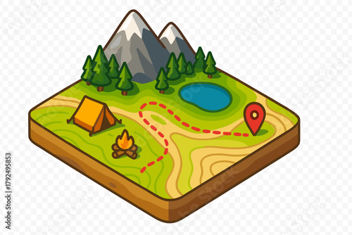 Isometric map of a hiking trail through mountain forest landscape with campsite and location pin