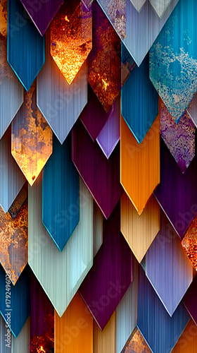 Downward pointing colorful abstract patterns made from metallic shapes create a striking, modern design for decor or artwork