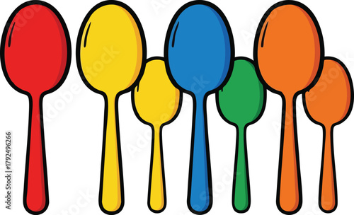 Group of colorful plastic spoons in varying sizes arranged in a row on a white background