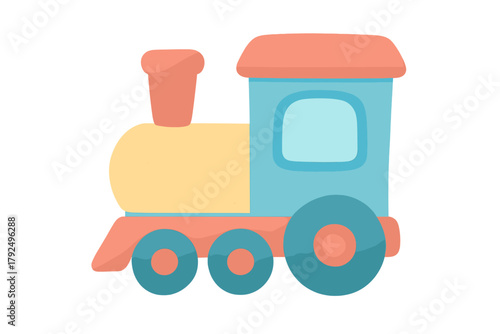 Brightly colored stylized toy train engine for kids isolated on a clean white background