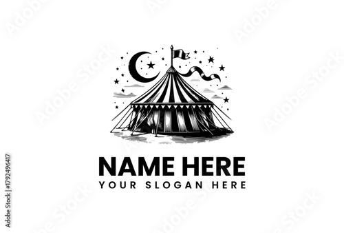 Vector logo illustration of a vintage circus tent under a crescent moon and stars
