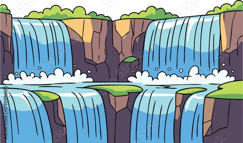 Pixel Art Dual Waterfall Landscape With Lush Greenery And Rocky Cliffs Under A White Sky