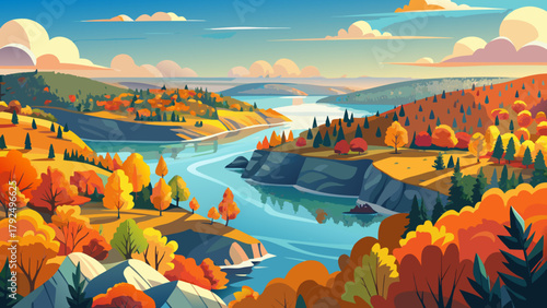 Very beautiful autumn adventures at Lake of the Ozarks, Missouri, featuring vibrant fall foliage, rolling hills, sparkling lake waters, and outdoor recreational activities, capturing the scenic beauty