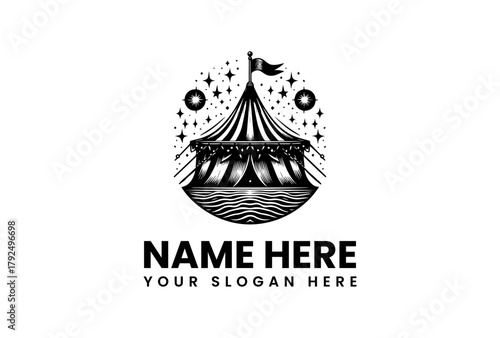 Black and white vintage circus tent vector logo illustration with stars and flag