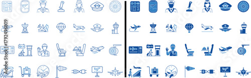 Airport Icon Collection: A comprehensive set of neatly arranged airport icons, showcasing a range of airport-related concepts. the neat arrangement, suitable for illustrating diverse aspects