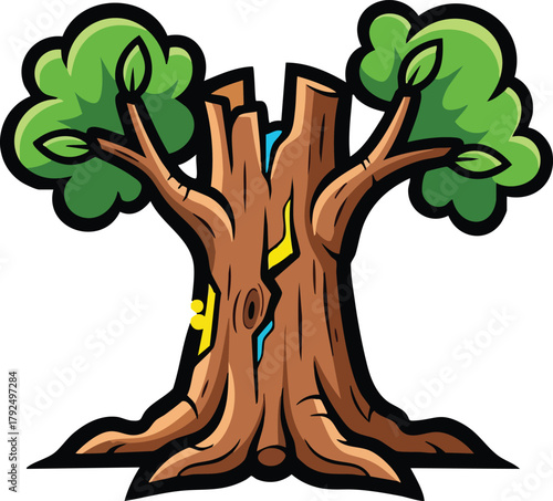 Stylized Broken Tree With Jagged Yellow Lightning Bolt Symbols And Blue Cracks