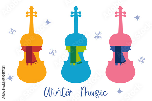 Colorful violin,viola,cello.Clipart flat design. Instrument orchestra string fiddle music isolate background.Design for happy holiday decorate,festival,new year, winter, Christmas,party,celebration