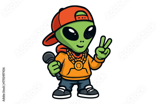 Green alien mascot wearing a hoodie and baseball cap holding a microphone and making a peace sign