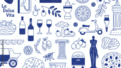 A seamless pattern design in royal blue ink on a white background featuring Mediterranean and Italian food and culture elements. 