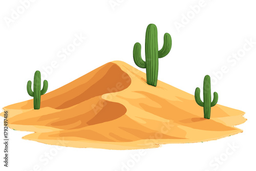 Three saguaro cacti standing on a large orange sand dune in a hot desert landscape