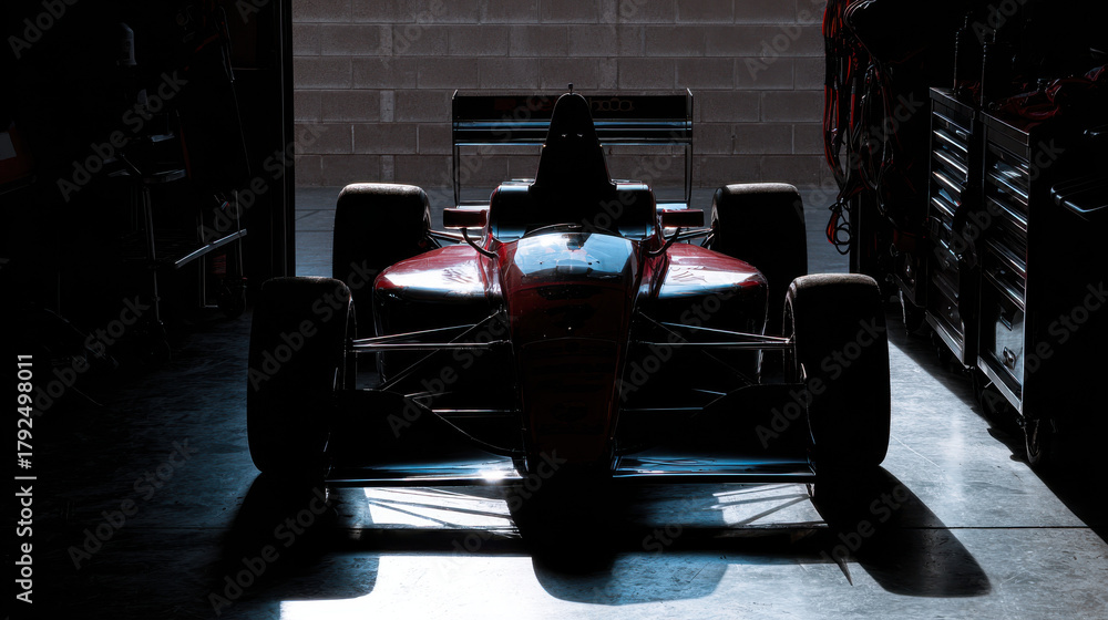 Obraz premium Race car in a garage, ready for high-speed action on the race track, racing equipment visible.