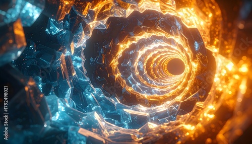 Fototapeta Naklejka Na Ścianę i Meble -  Abstract crystalline tunnel glows; blue shards contrast with fiery orange, converging towards bright, central aperture