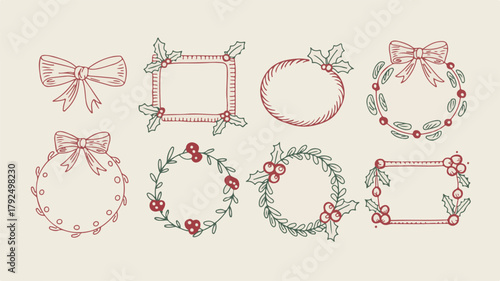 A set of 7 decorative Christmas-themed frames arranged horizontally on a cream-colored background.  (4)_traced
