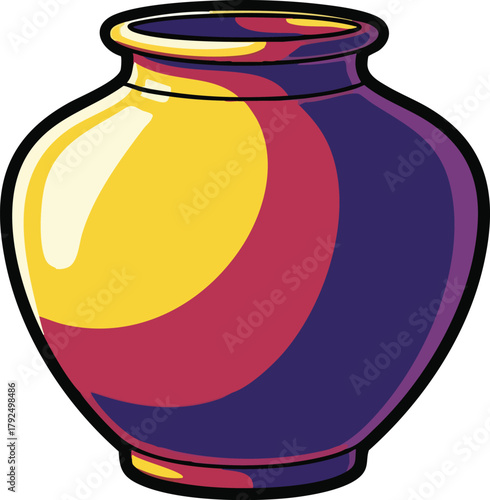 Vase With Smooth Curves And Bold Color Blocks In Yellow Purple And Red Against White Background