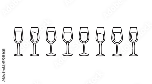 Collection of champagne flute glasses with bubbly liquid in a clean silhouette style
