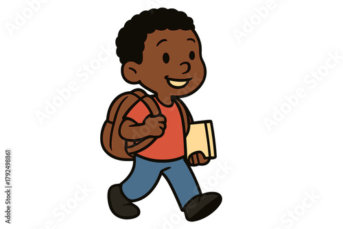 Happy African American schoolboy walking with backpack and book for class